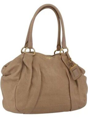 PRADA Hand Bag Leather Beige Gold Auth bs32687